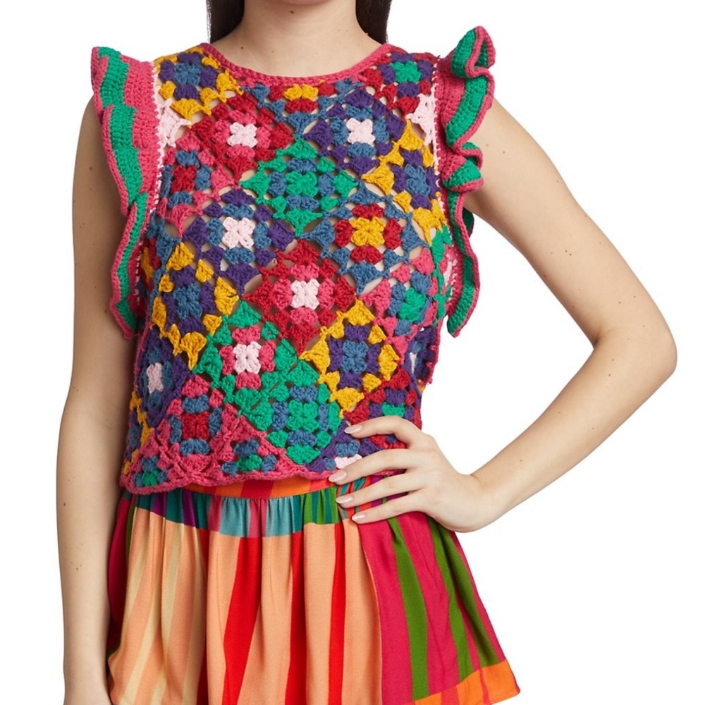 NWT Farm Rio Crochet Square Flutter Sleeve Vest Top Sz S - Picture 2 of 7